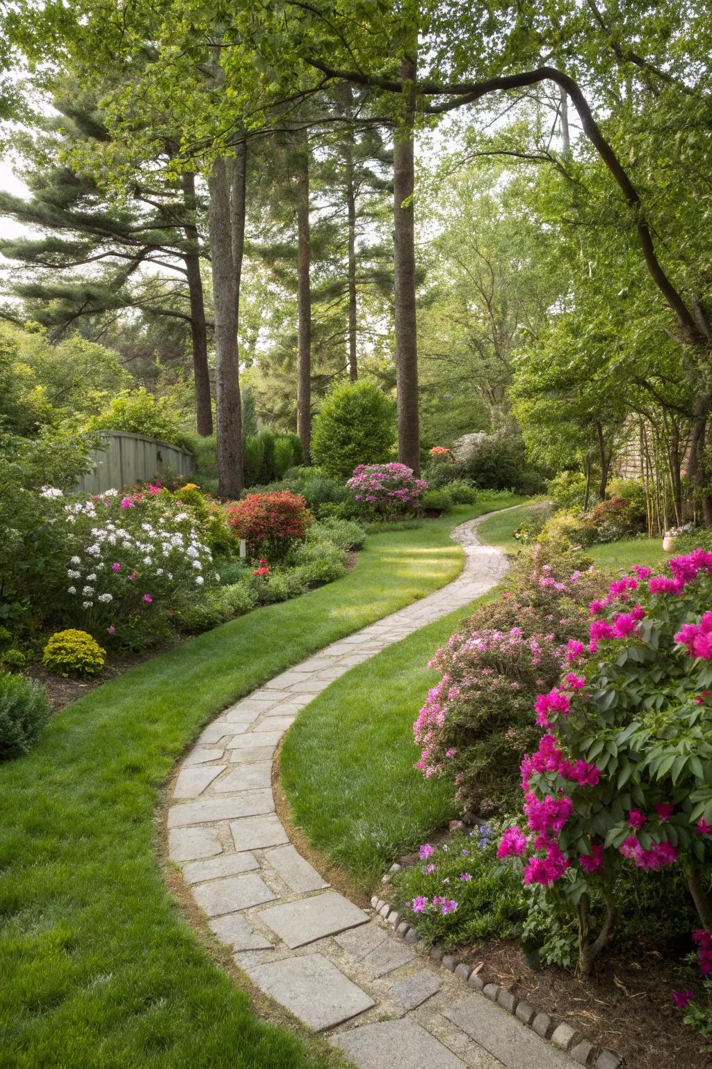A gently curving trail that adds an organic flow to a backyard.