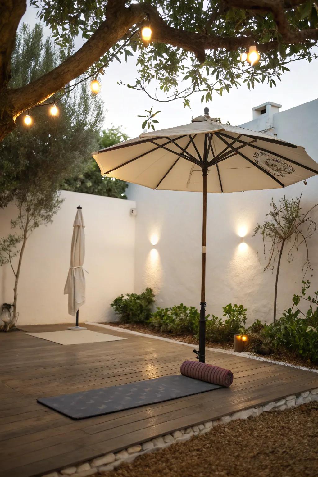 A serene meditation zone with a sunshade.