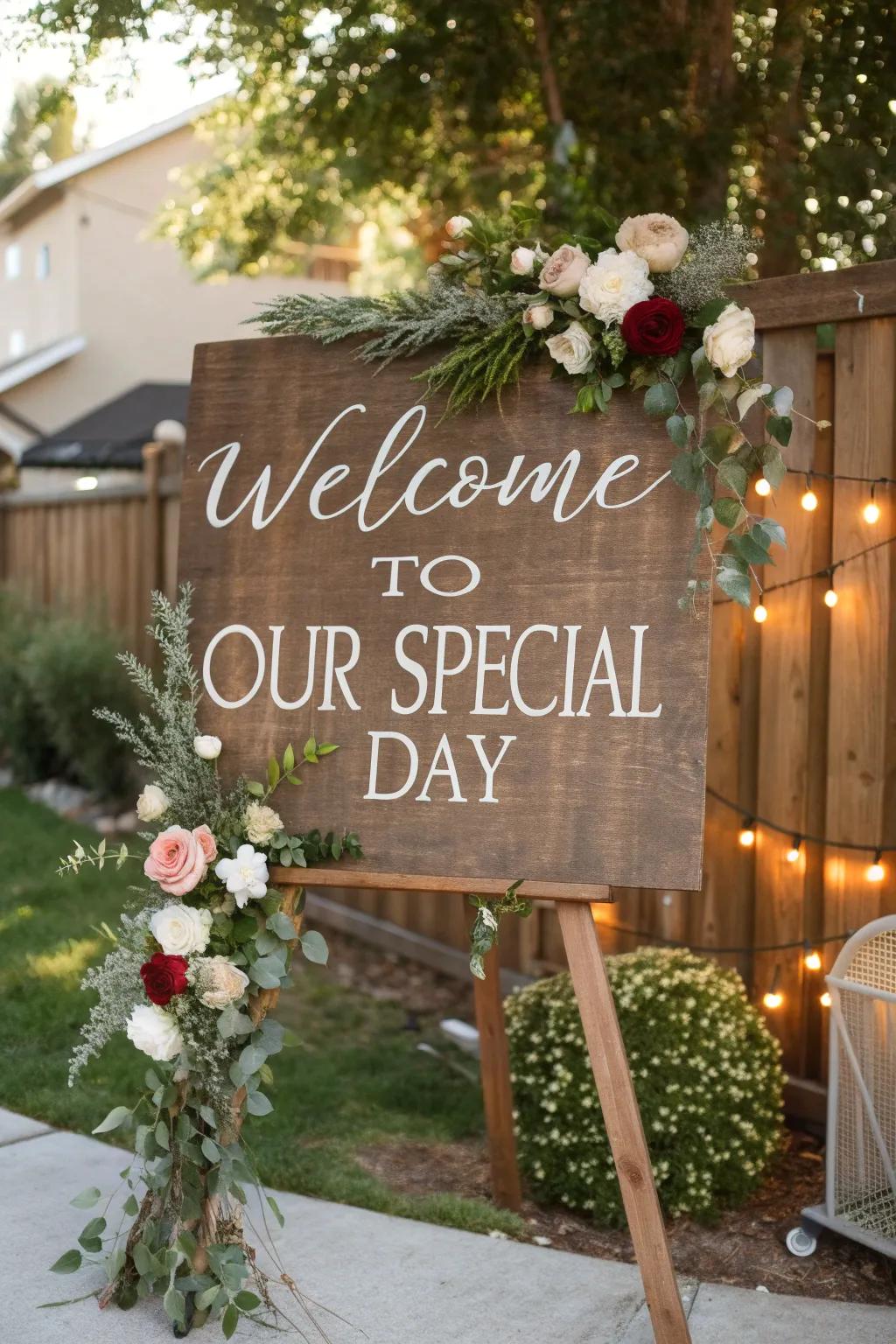 A custom welcome board welcomes visitors warmly at the wedding entrance.