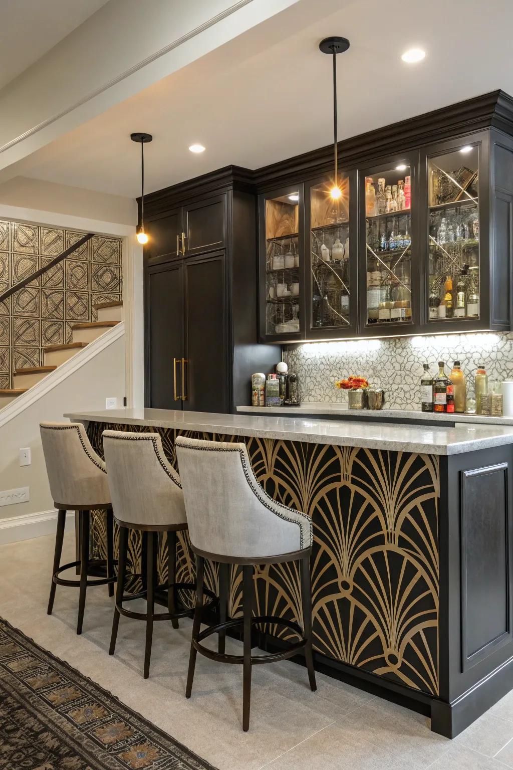 A home bar with a Modern Motif-inspired backsplash featuring bold graphic shapes.