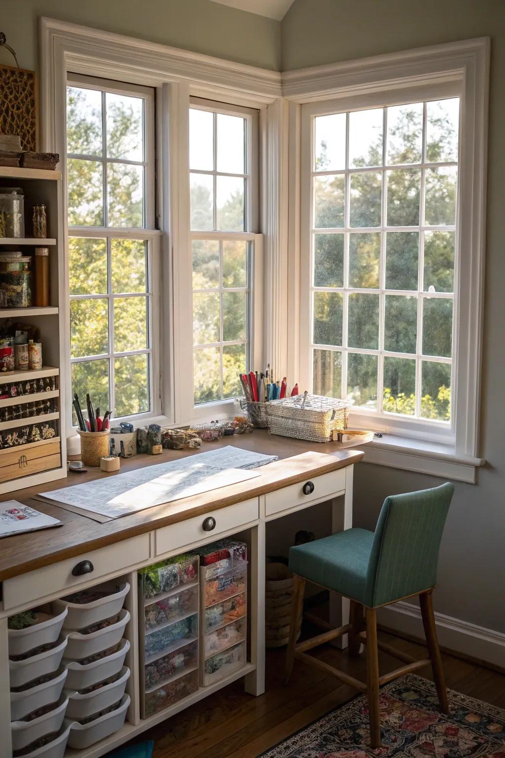 A bay window workshop provides a bright, energizing environment for artistic endeavors.