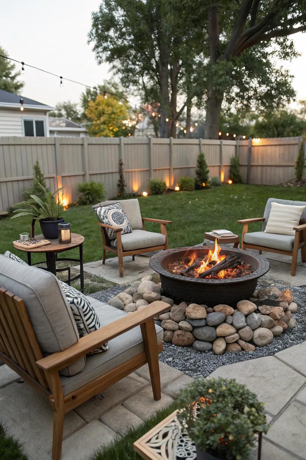 Efficient dual-purpose fire and grill pit for warmth and cooking.