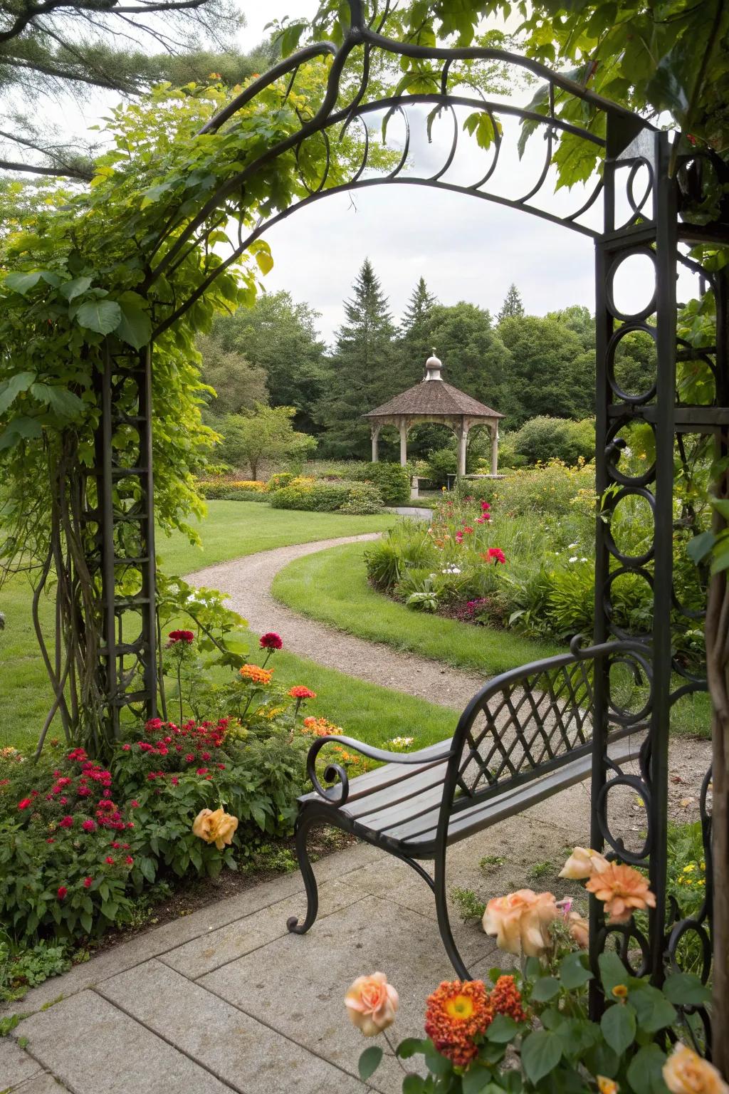 An arbor bench creates a charming, defined garden space.