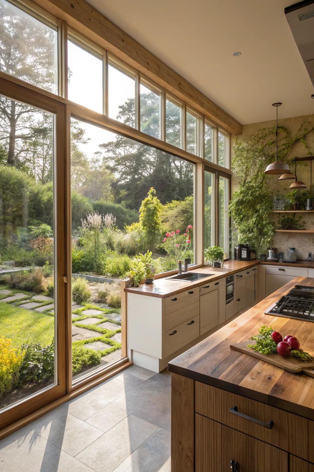 Large windows infuse light and vitality into the kitchen.