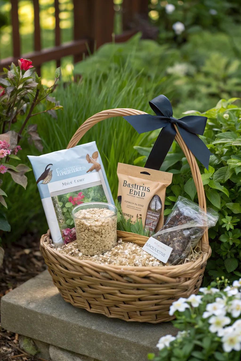 A bird feeder gift basket that makes for a thoughtful and complete gift.