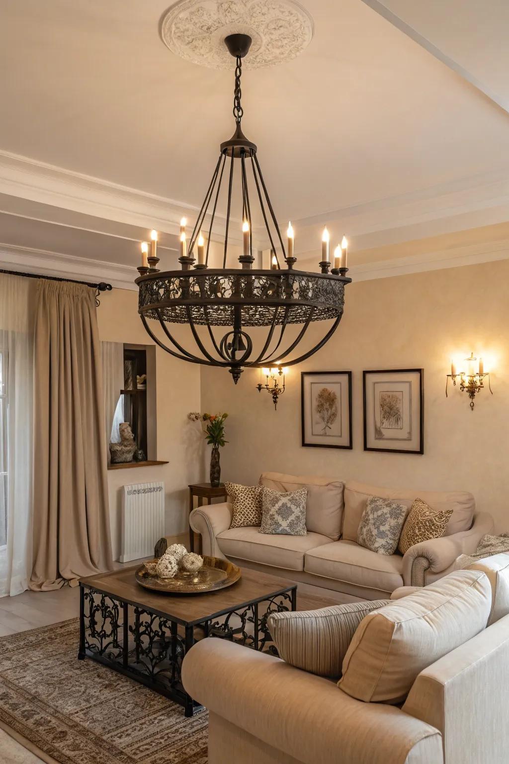 A chandelier in black adds a touch of elegance to this living room.