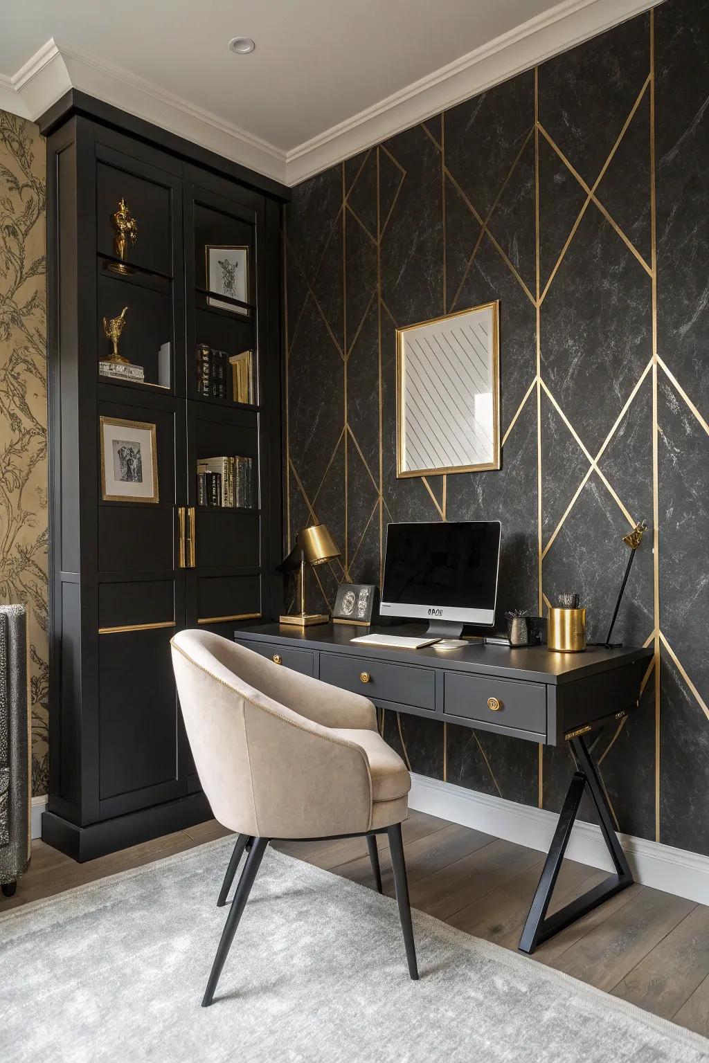 Textured walls with gilded features add depth and luxury to your office.