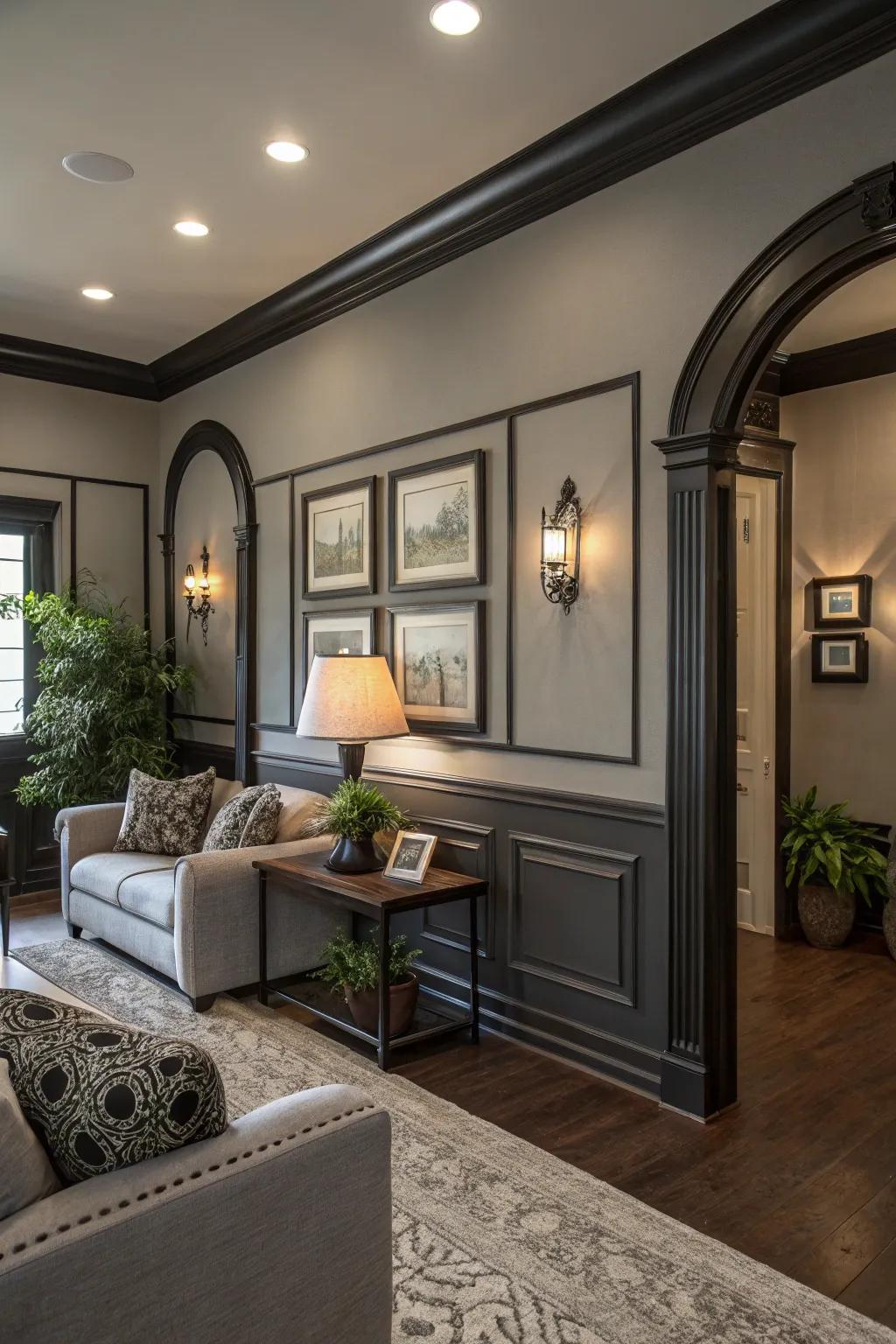 Gray walls and black trim enhance architectural details.