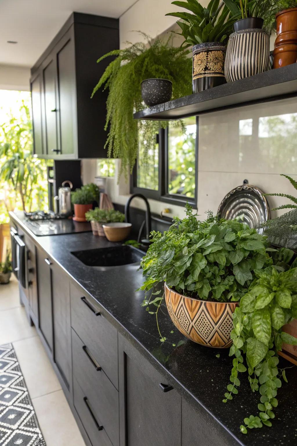 Flora introduces vibrancy to ebony countertops.