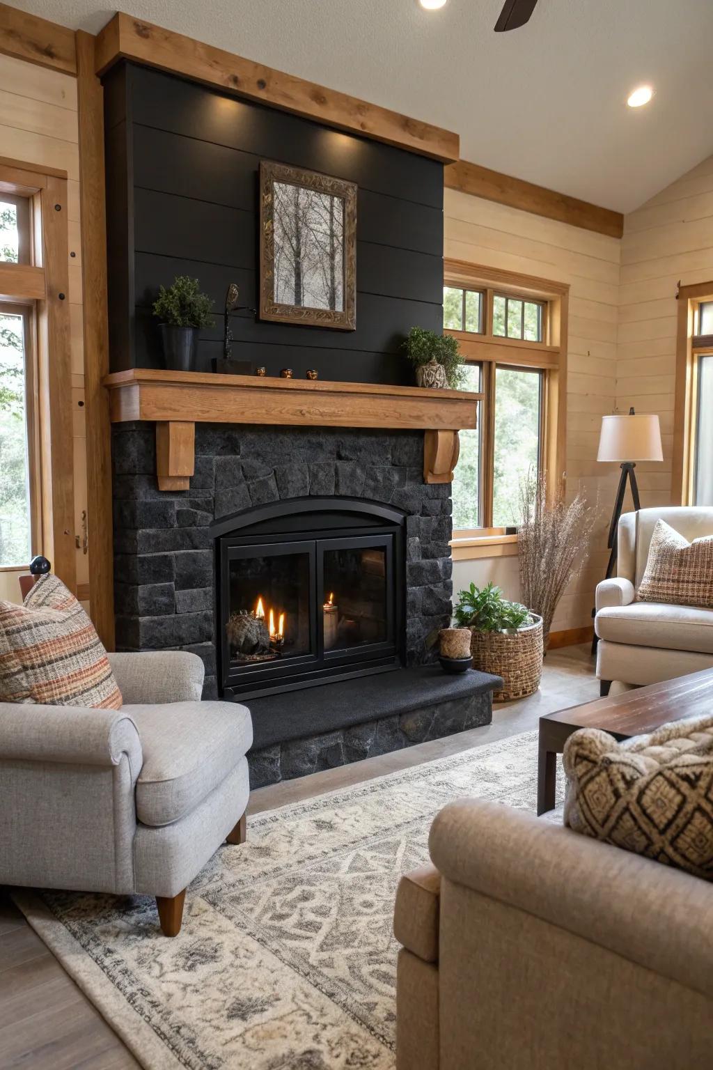 Achieve harmony with a combination of black and natural wood elements.