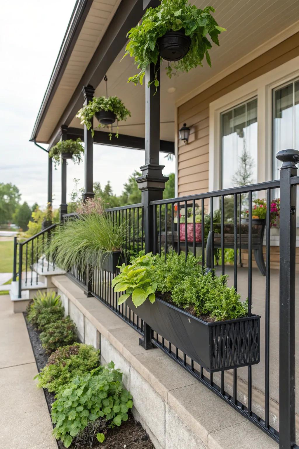 Incorporate greenery with railings for a natural porch atmosphere.