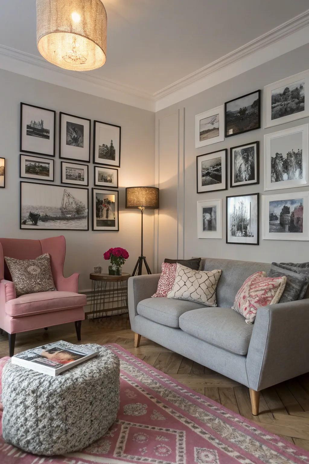 Ebony and white imagery introduces an artistic flair to the space.