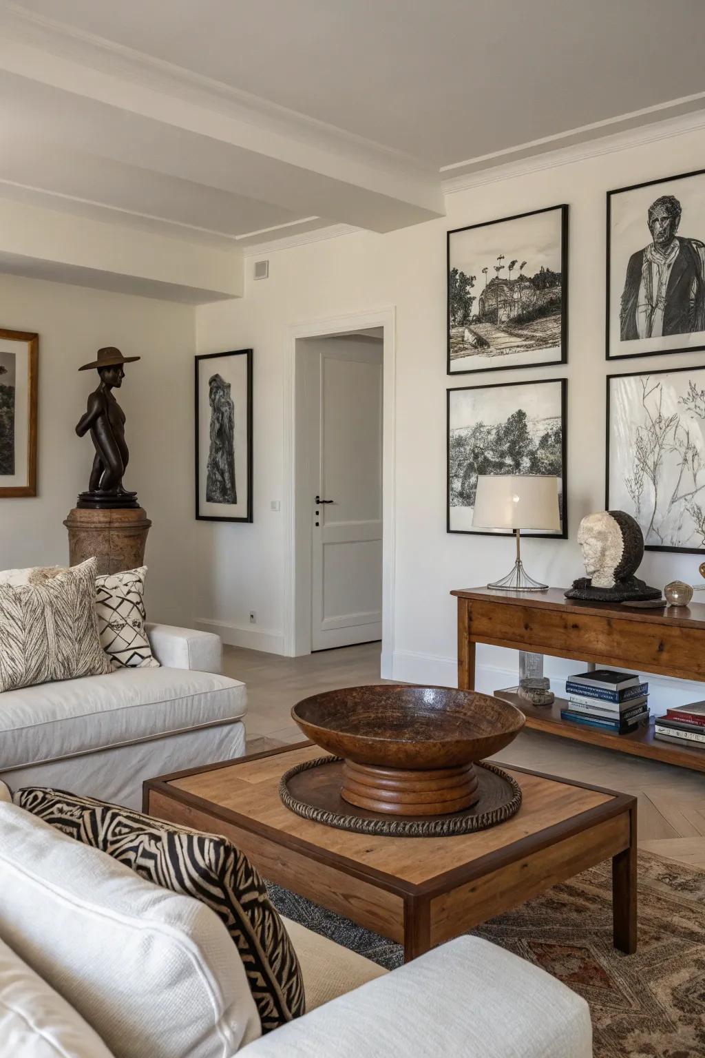 Artworks serve as the striking focal point of the living room.