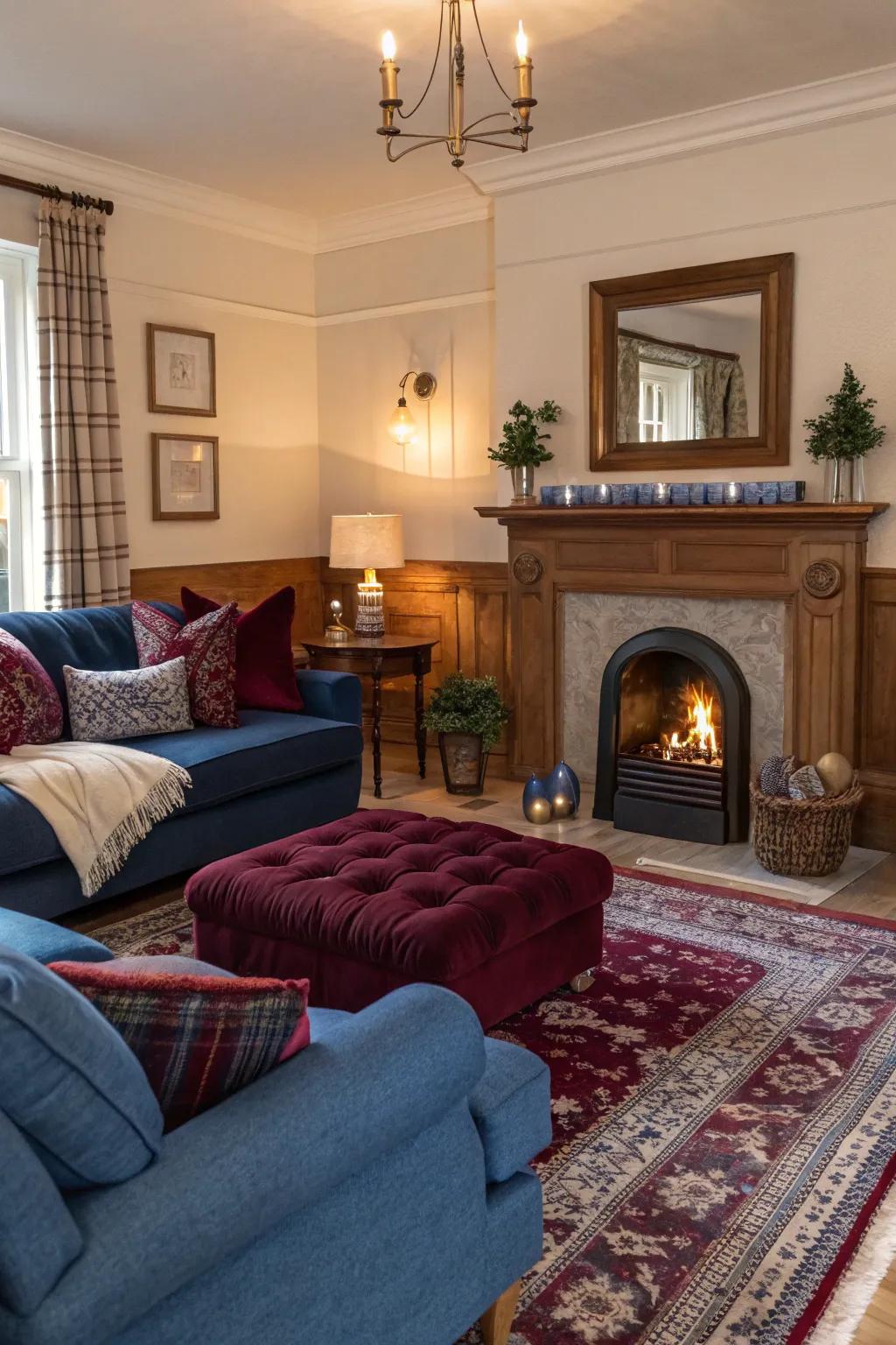 The hearth becoming a cozy centerpiece with surrounding cerulean and wine decor.