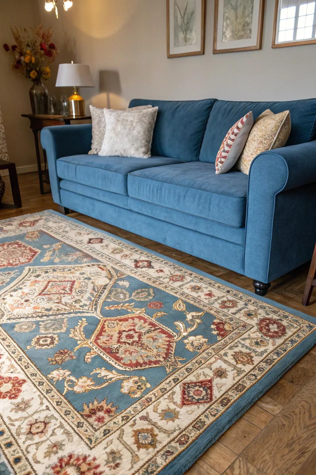 A vintage rug adds timeless charm to the living room.