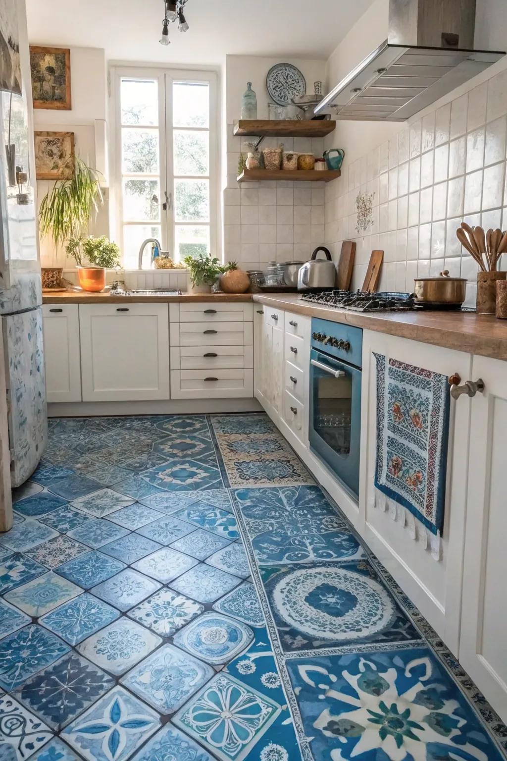 Varied azure tiles introduce an artistic flair to the kitchen.