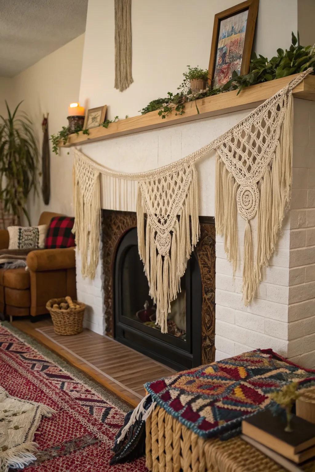 A fireplace adorned with knotted cord hangings and fringes, showcasing bohemian elegance.
