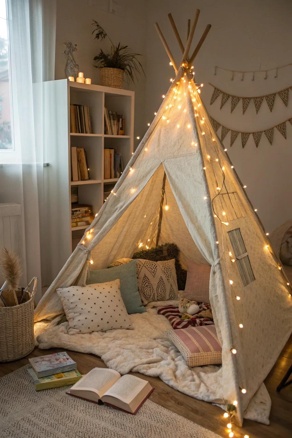 A playful shelter structure nook extending a magical reading odyssey.