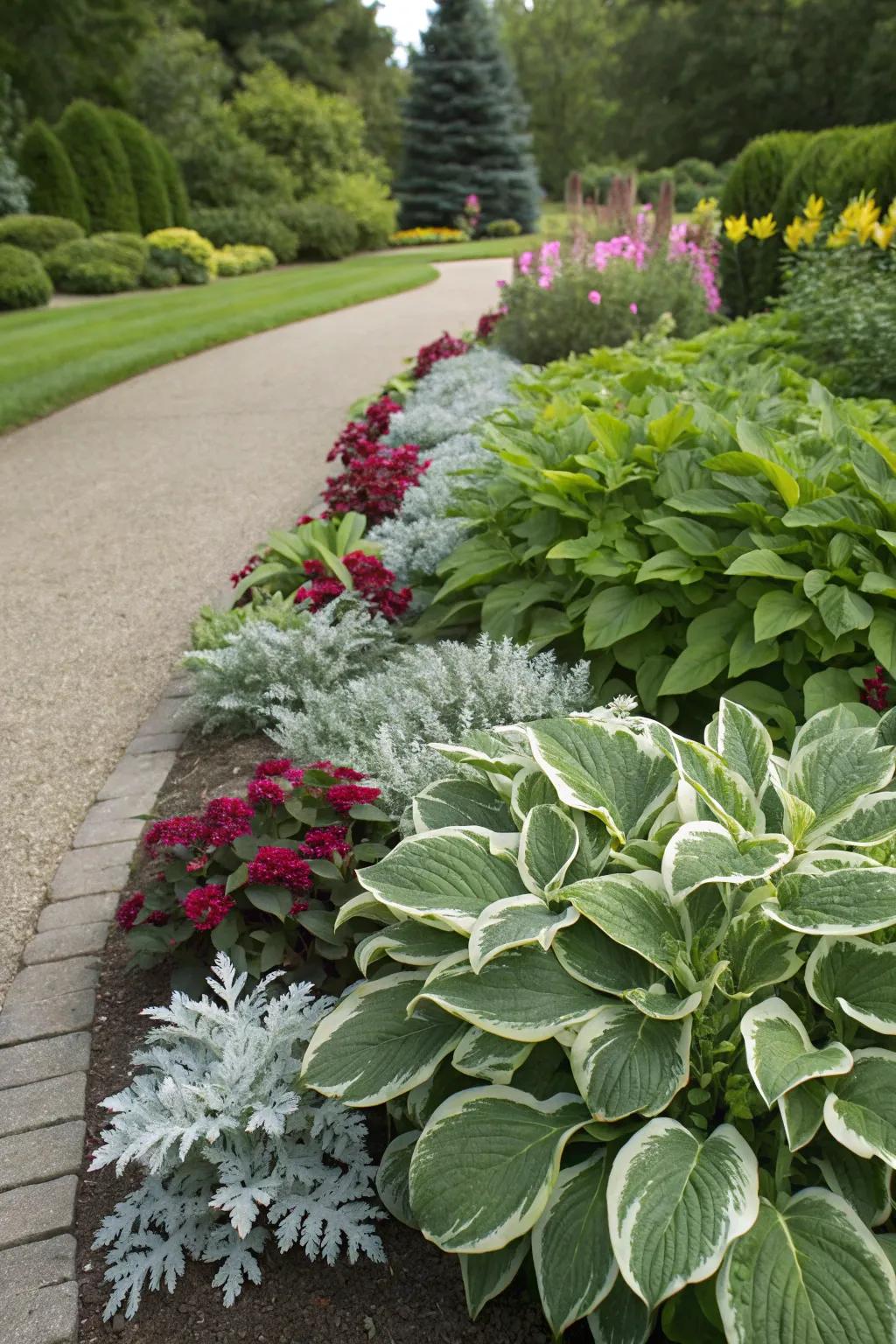 An artistic garden border with contrasting colors and textures.