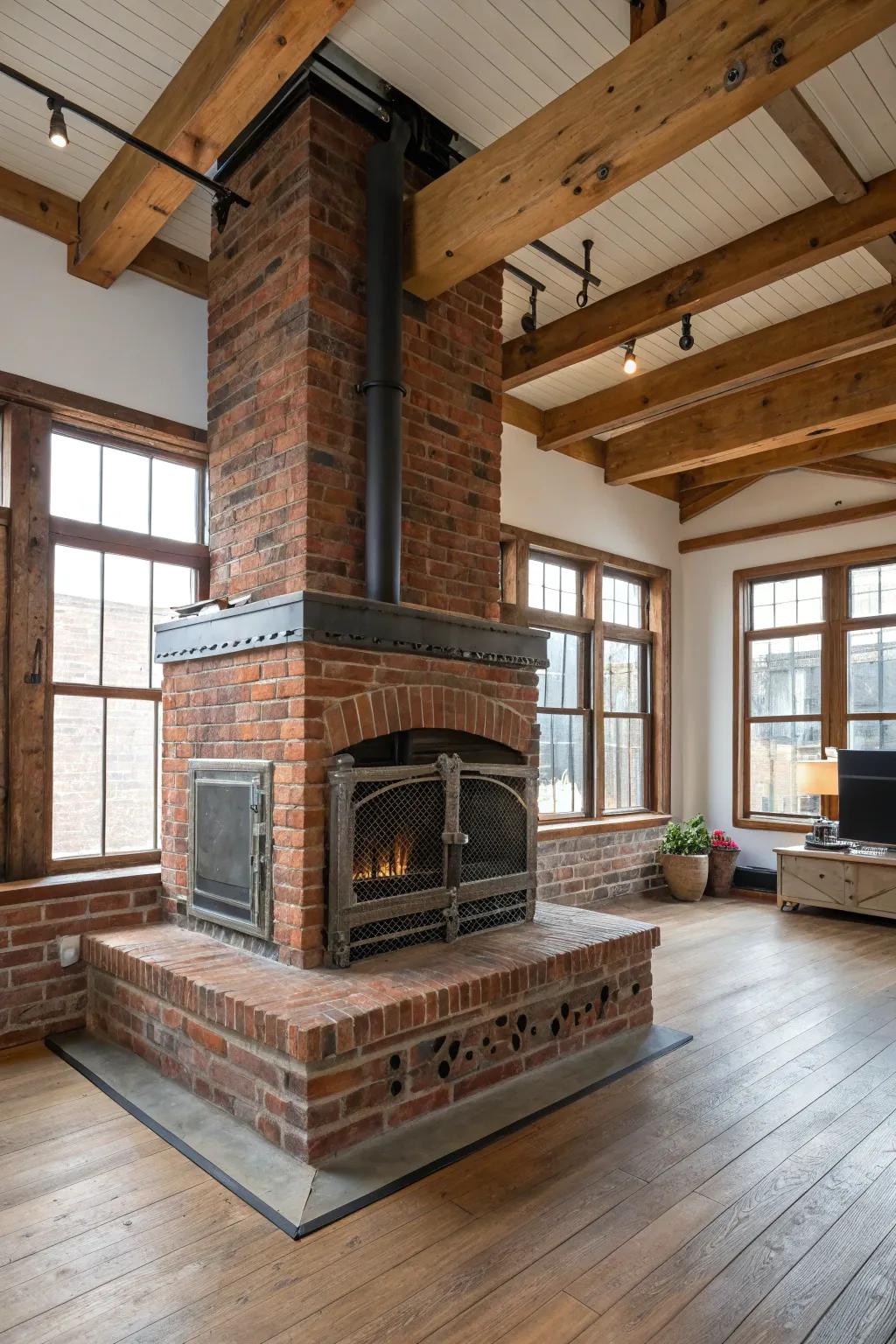 A brick hearth with metal accents, giving the space an industrial vibe.