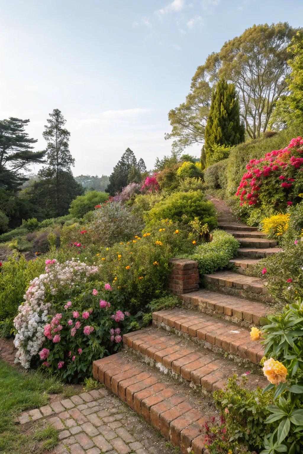 Brick steps harmoniously integrated into a garden.