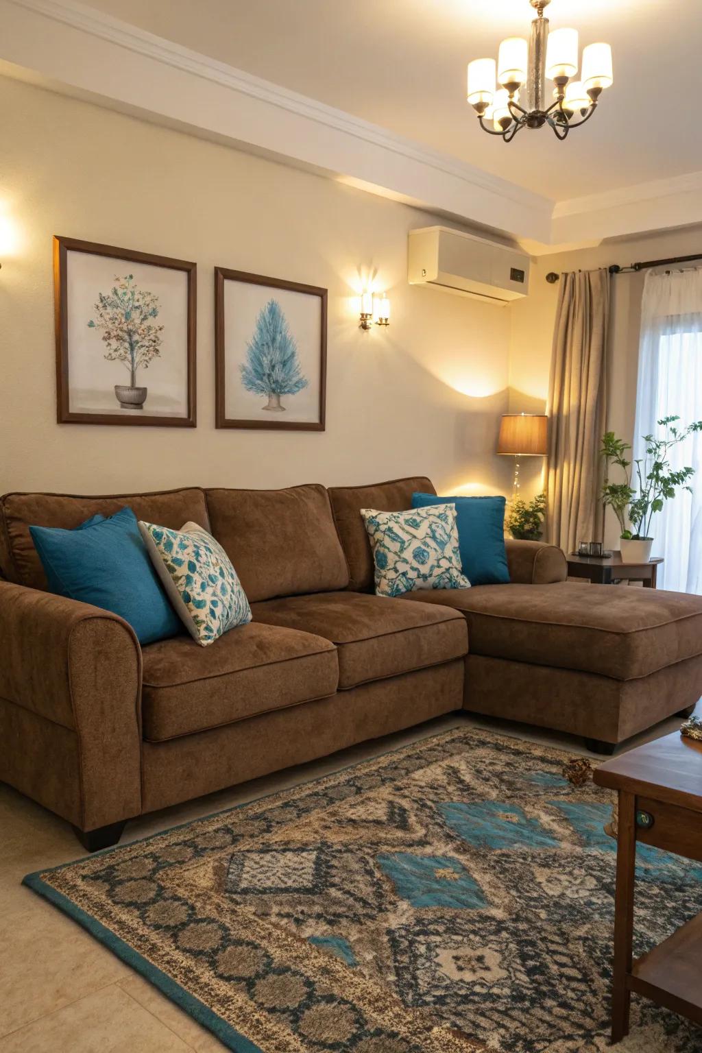 Cool blue accents provide a refreshing contrast to a brown sectional.