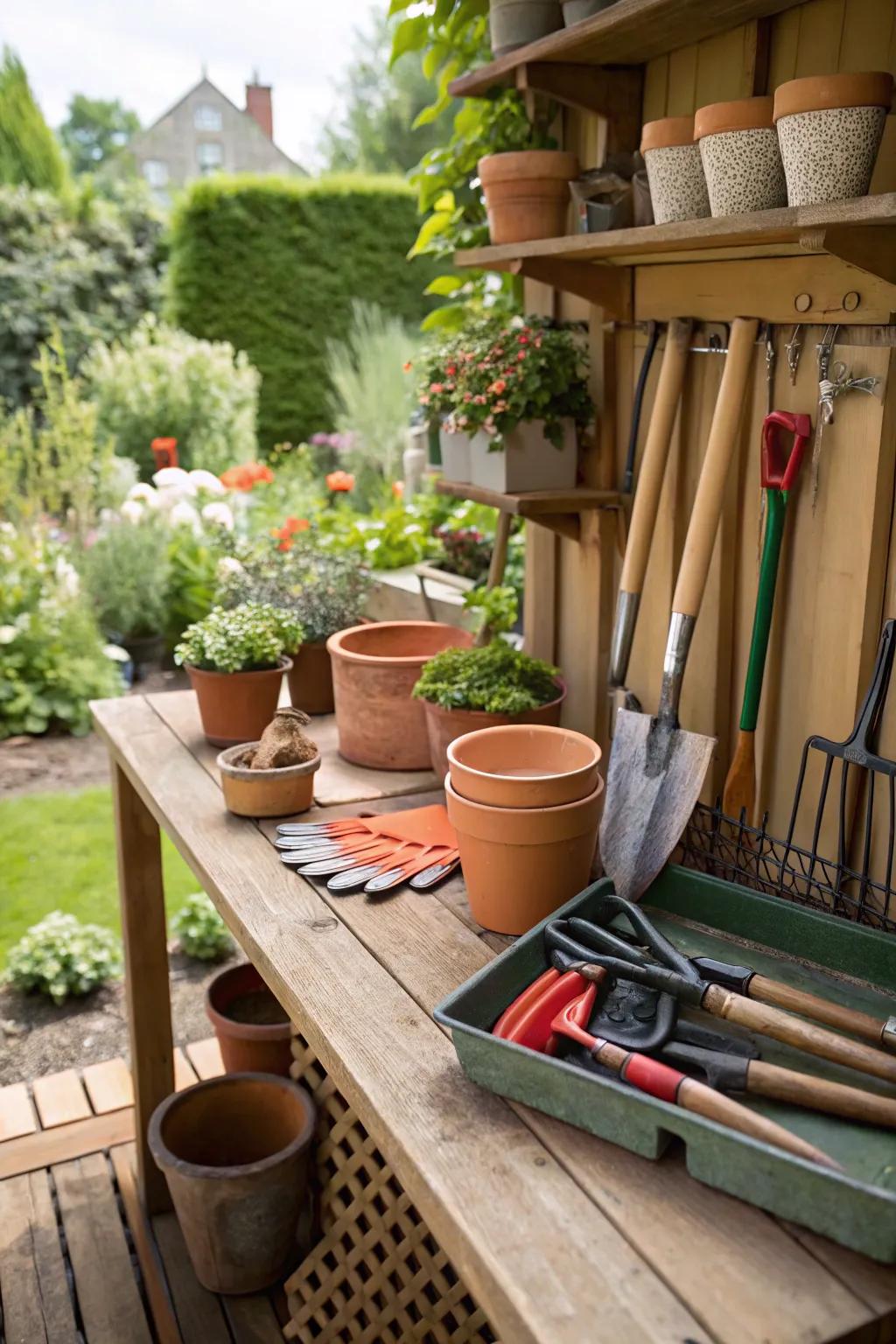 A potting station keeps gardening tools organized and accessible.