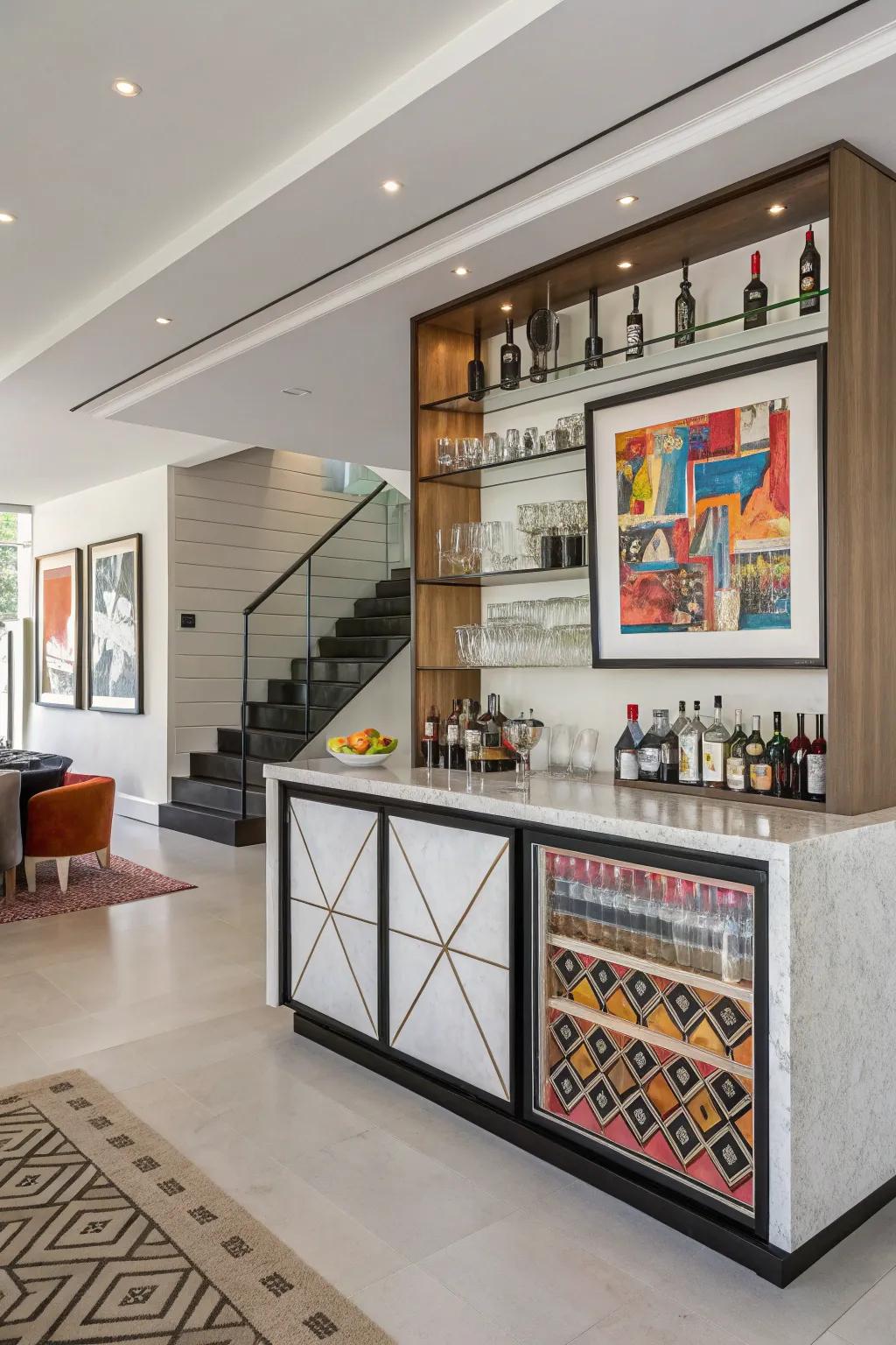 An artful bar display harmonizes spirits with aesthetics.