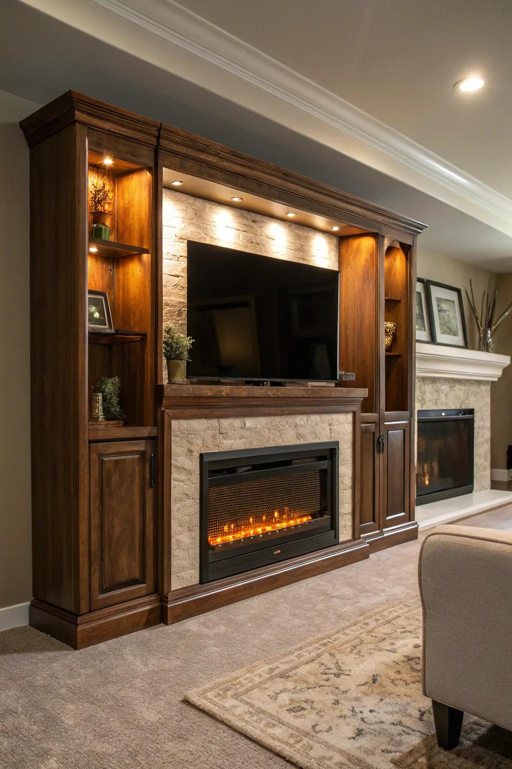 Accent lighting adds drama and warmth to this entertainment center.