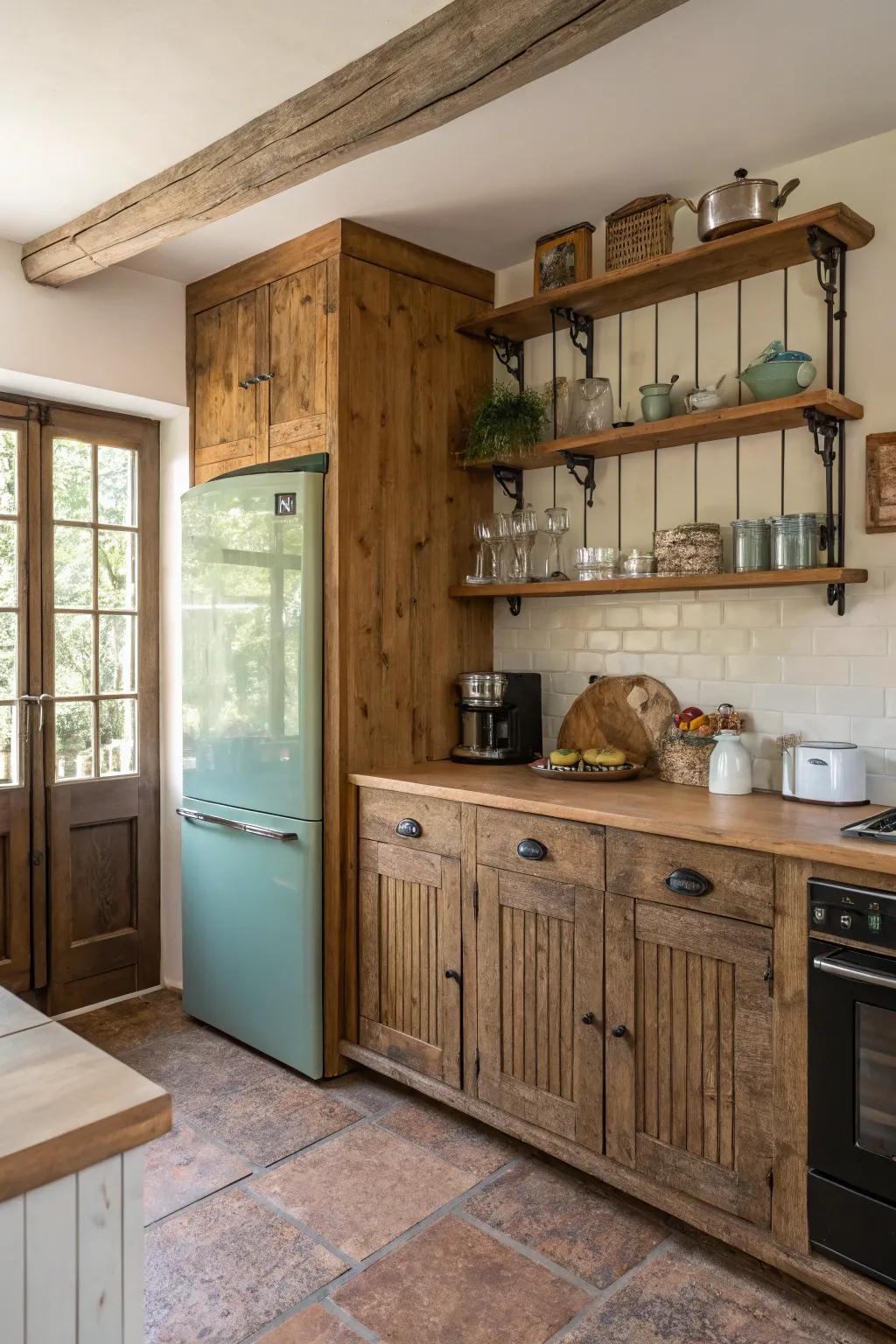 Rustic elements bring warmth and character to this built-in fridge design.