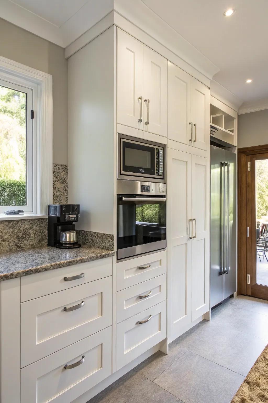 Contemporary kitchen featuring a microwave integrated into an upright cabinet.