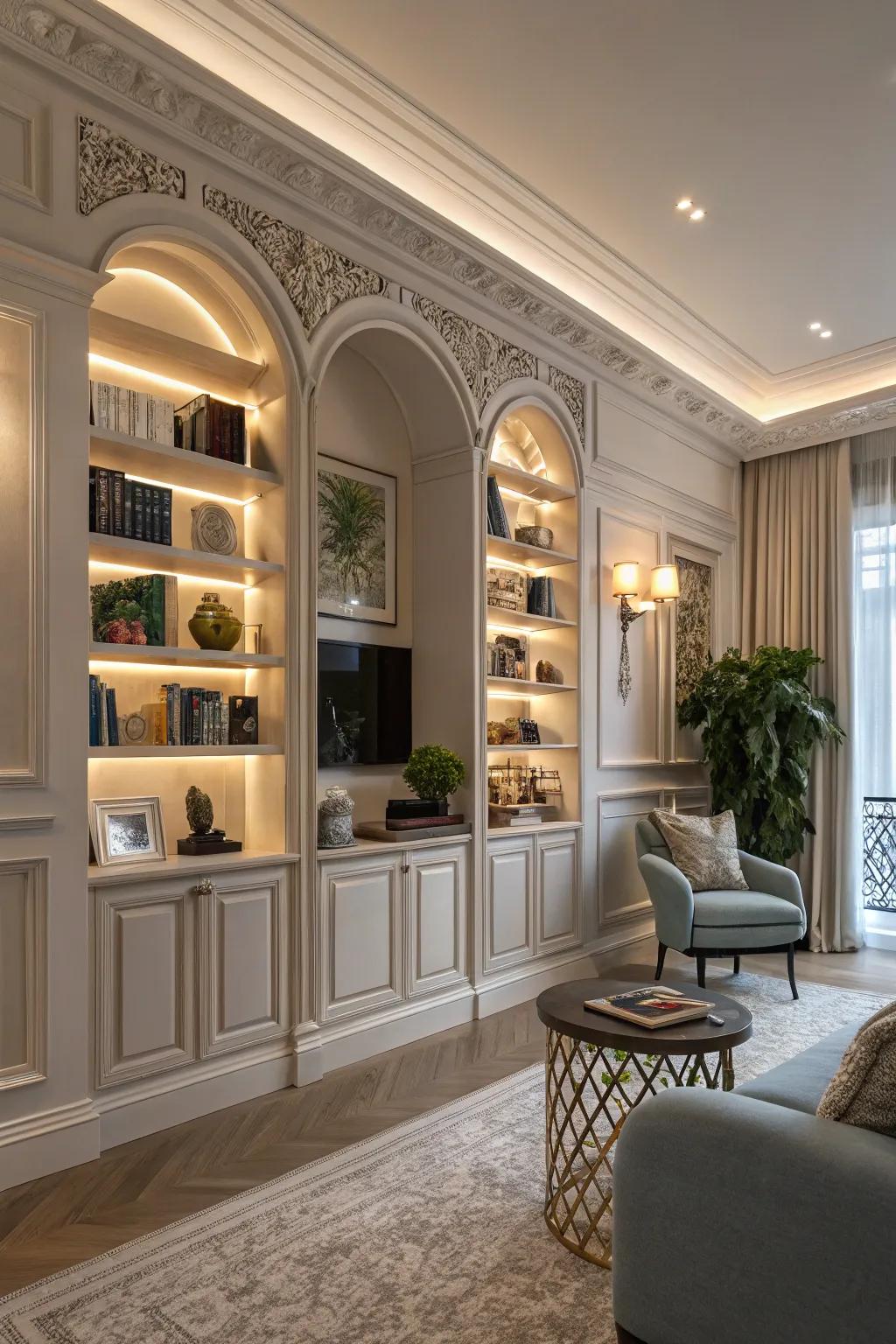Built-in shelves gain elegance and sophistication from architectural elements.