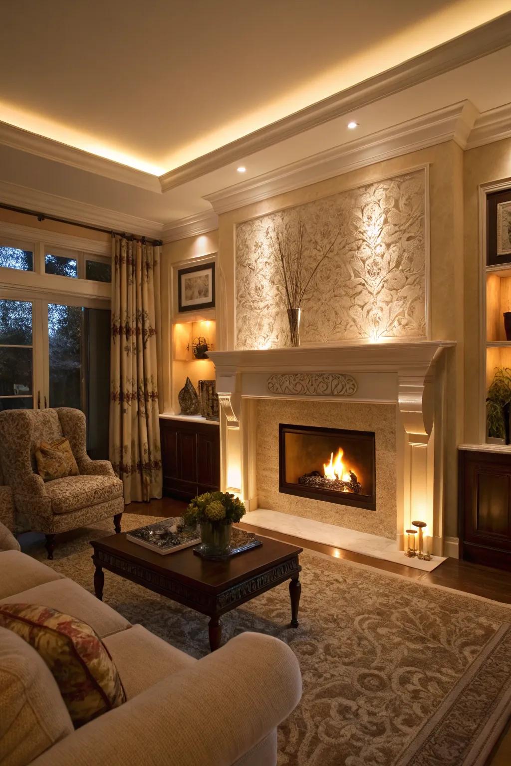 Illumination attributes enhance the allure of fireplace built-ins.