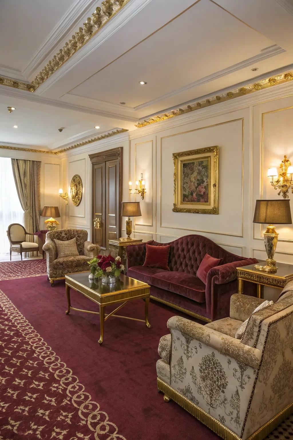 Rich themes with gold and soft surface enhance the luxury of a maroon carpet.