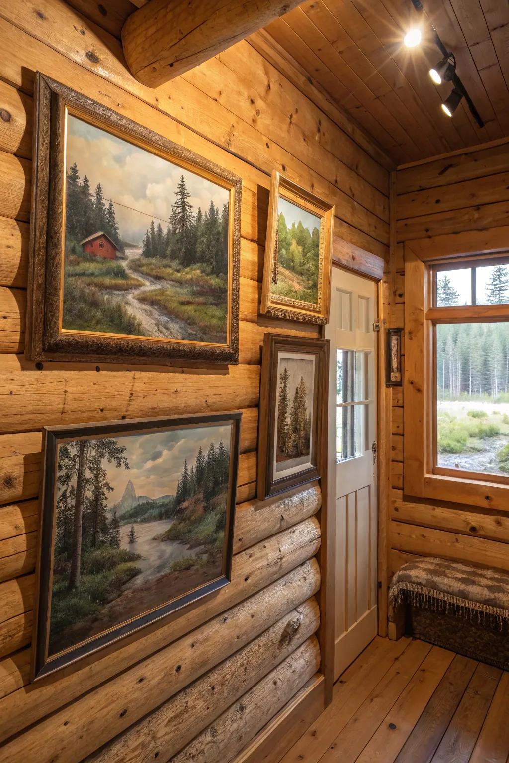 Landscape paintings connect cabin interiors to the natural world outside.