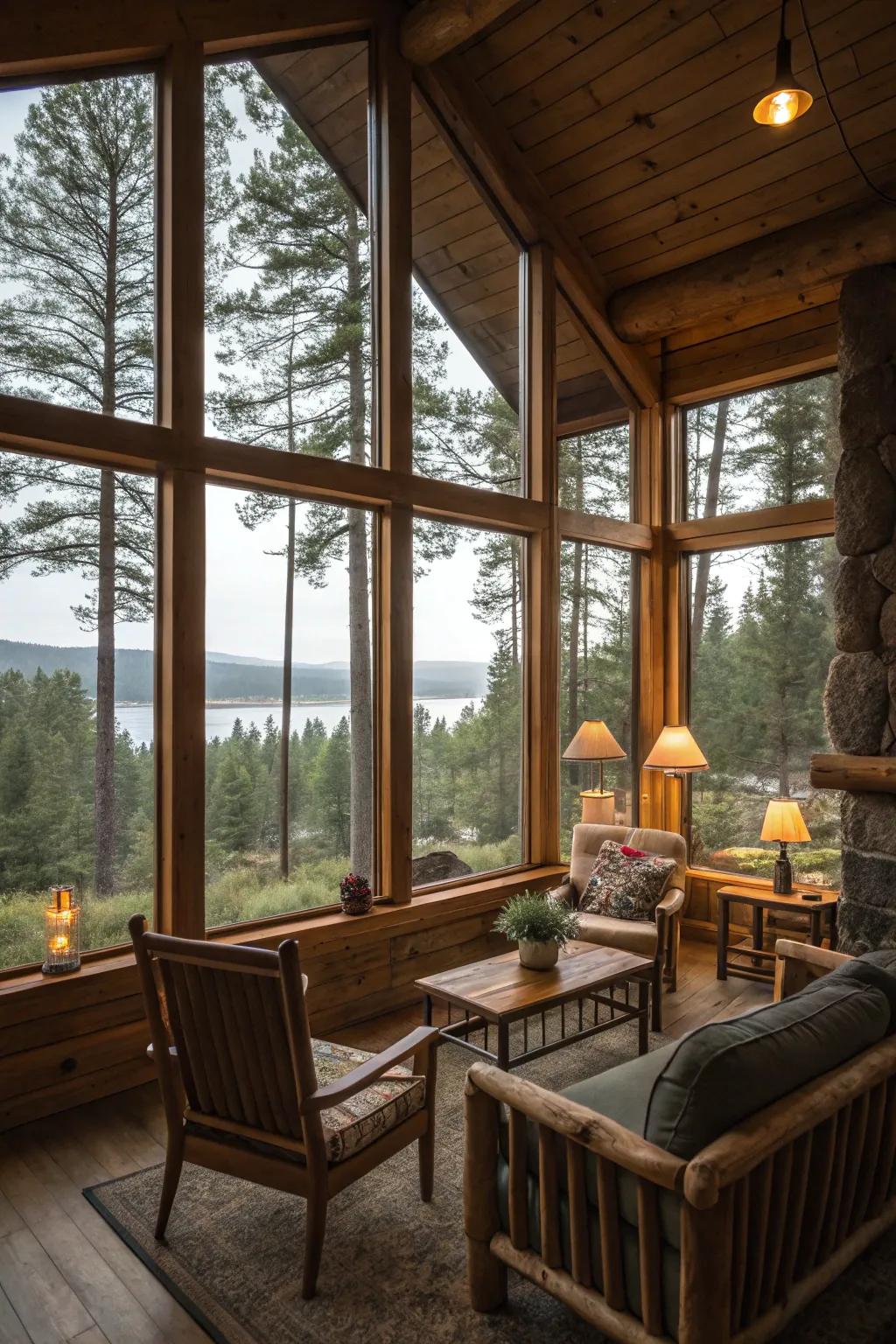 Furniture arrangement amplifies the bond with the encircling scenery.