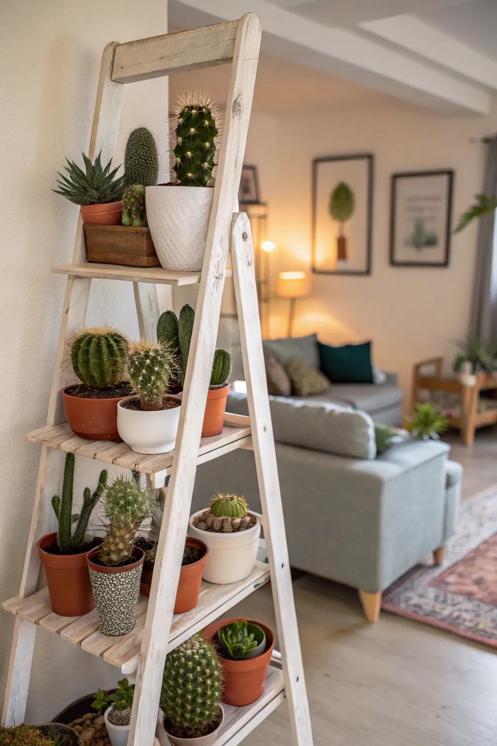 A ladder shelf showcasing an array of cacti.