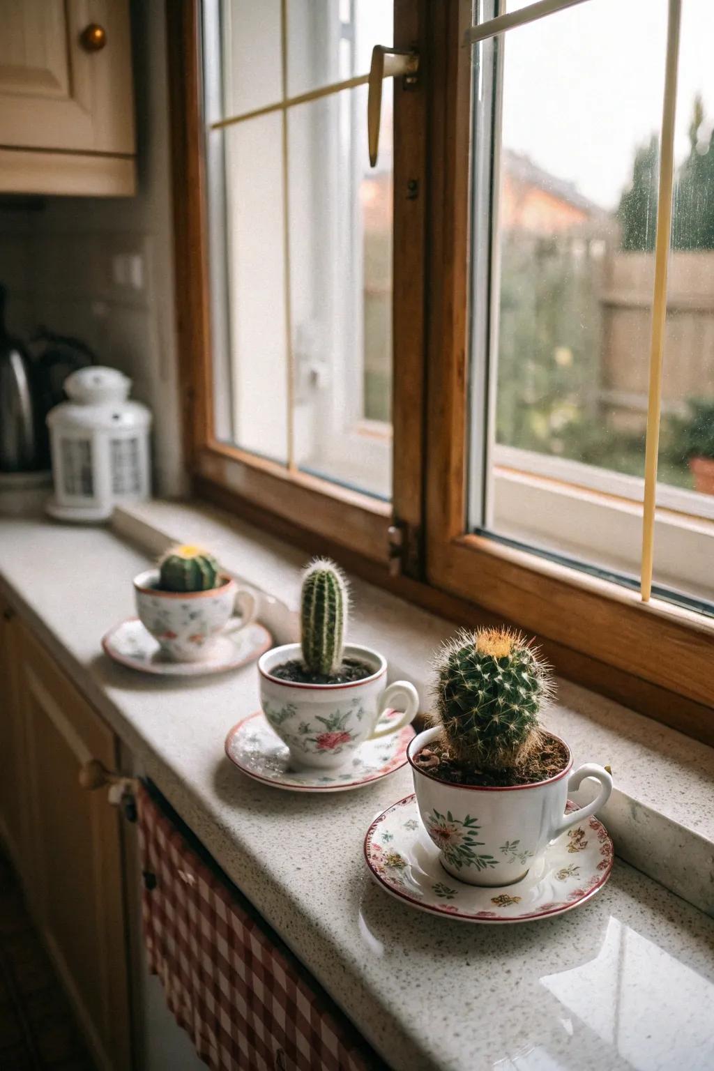 Aged tea mugs furnish a fanciful abode for diminutive cacti.