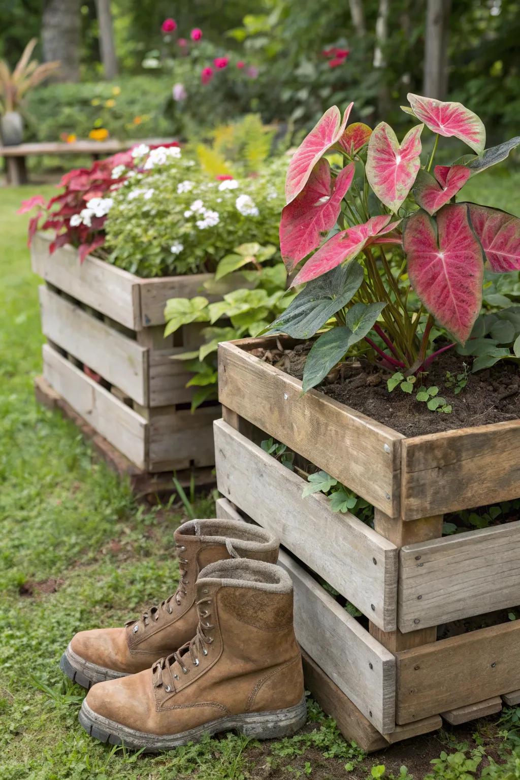 Recycled materials make for unique, sustainable caladium planters.