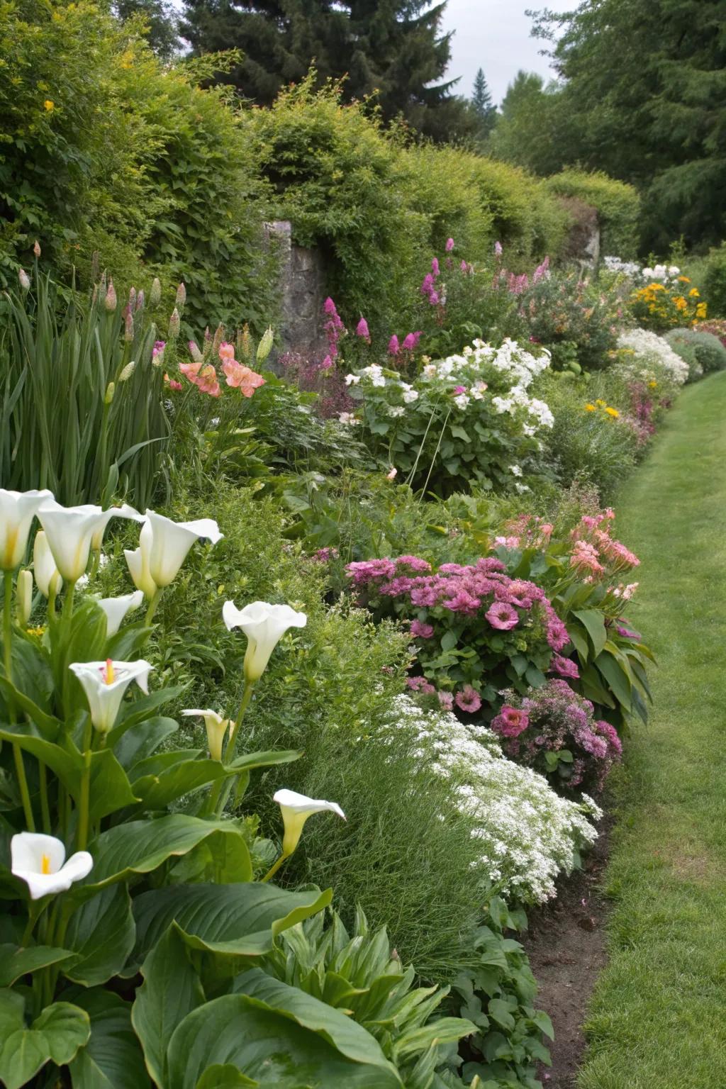Calla lilies elevating a combined flower border.