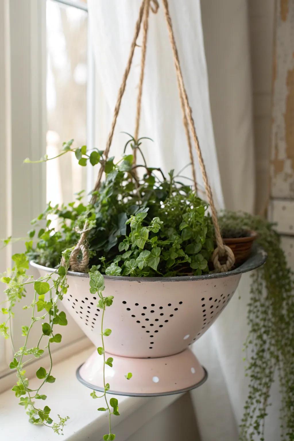 Transform kitchen essentials into charming garden decor with colander planters!
