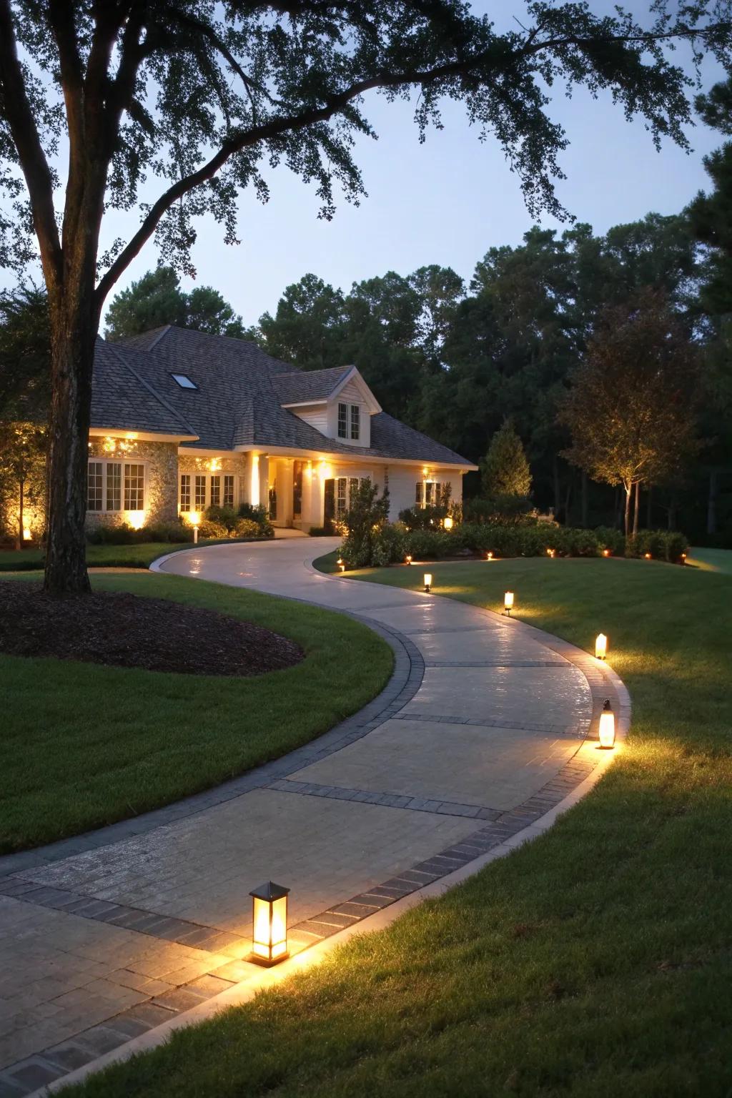 A warmly lit driveway welcoming evening guests.