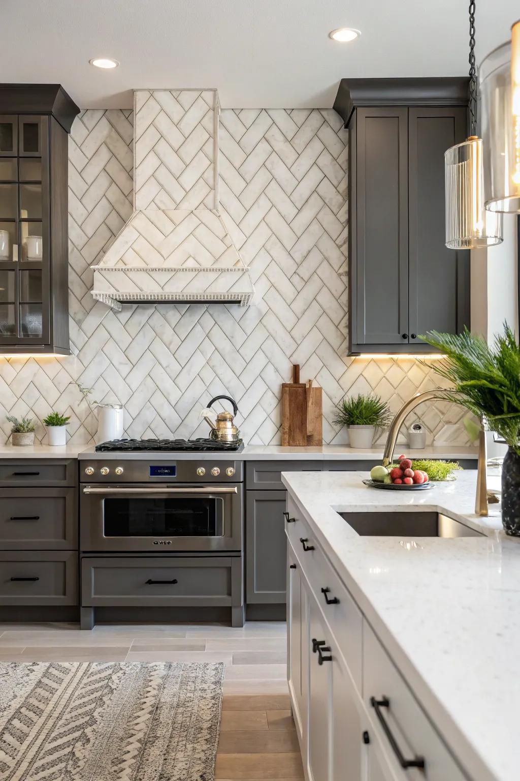 Diagonal arrangement contributes sophistication to this kitchen.