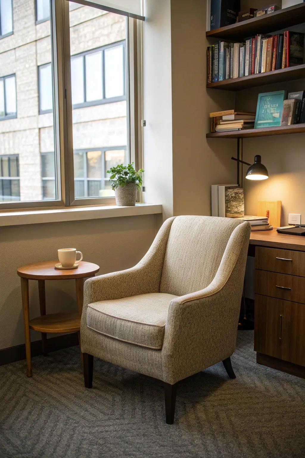 A reading nook offers a comfortable getaway in a professional office setting.