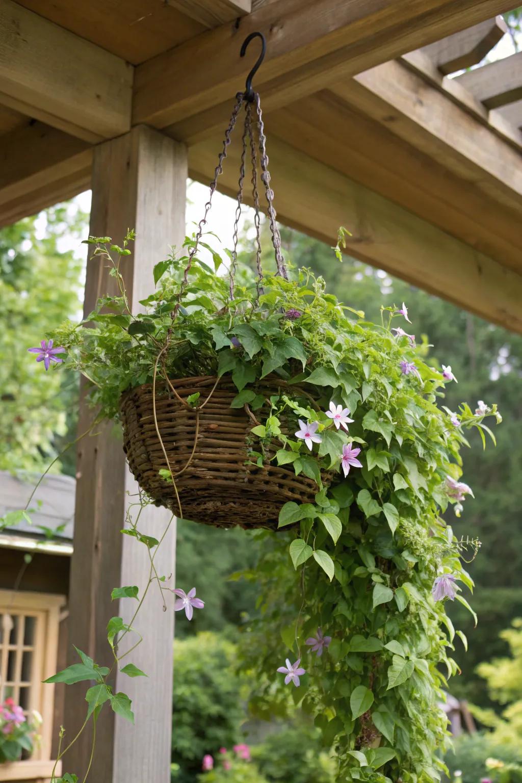 A suspended pot trellis provides a special method to display cascading clematis.