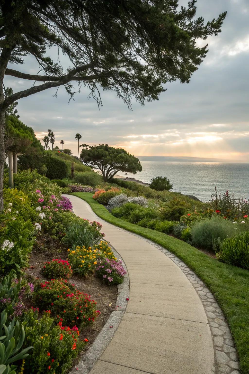 Gently rounded walkways encourage discovery in a coastal garden.