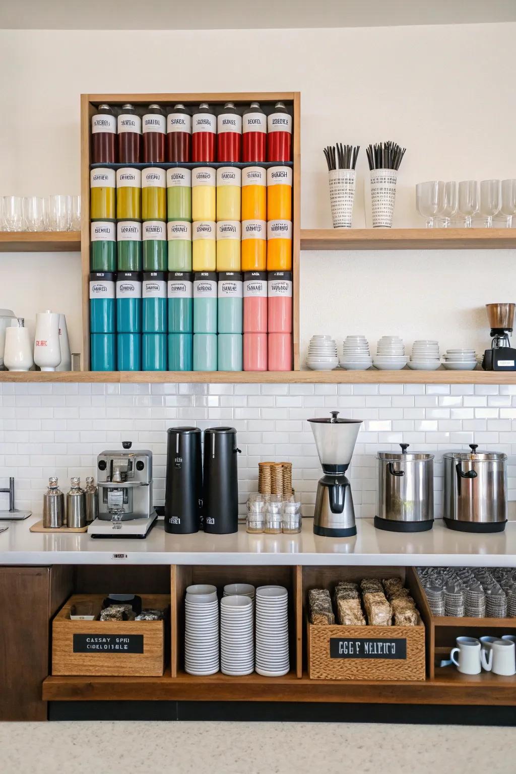 An organized coffee bar with a variety of coffee goods.