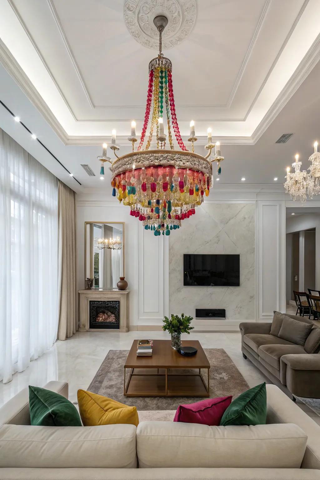 A colorful chandelier includes drama and emphasis to this minimalist lounge area.