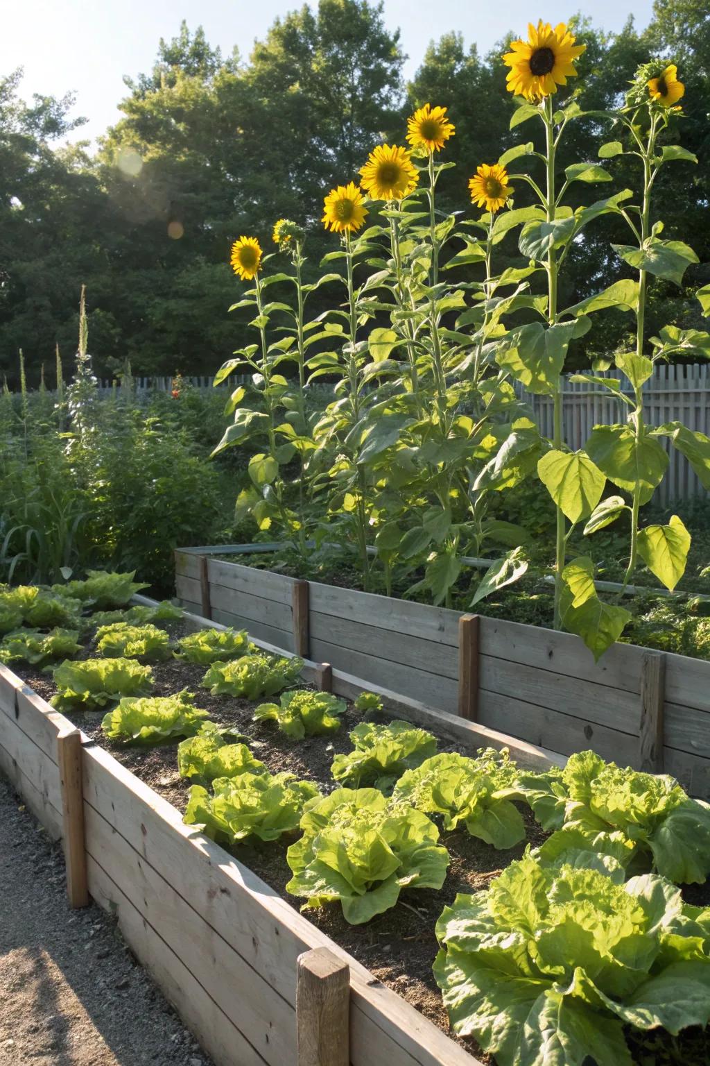 Sensitive lettuce leaves benefit from the natural shade provided by sunflowers.