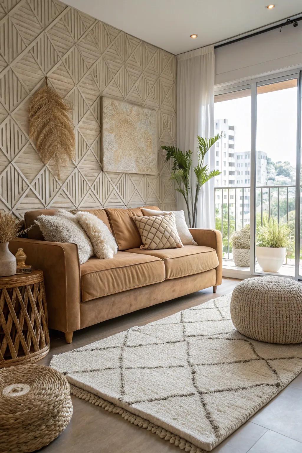 A condo interior showcasing varied textures through rugs, cushions, and wall coverings.